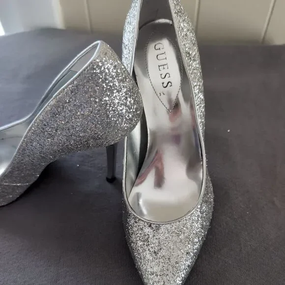 Guess Silver Metallic Glitter Pointed Toe High Heel Stilettos Women's shoe 8 - Picture 2 of 10
